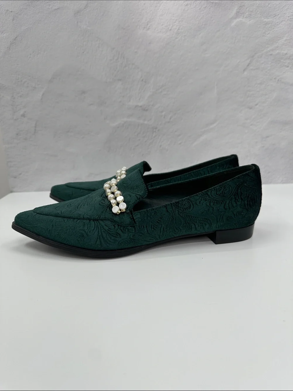 Marc Fisher Kneel Loafers Emerald Green Pearl-Trim Pointed Toe Flats Maximalist